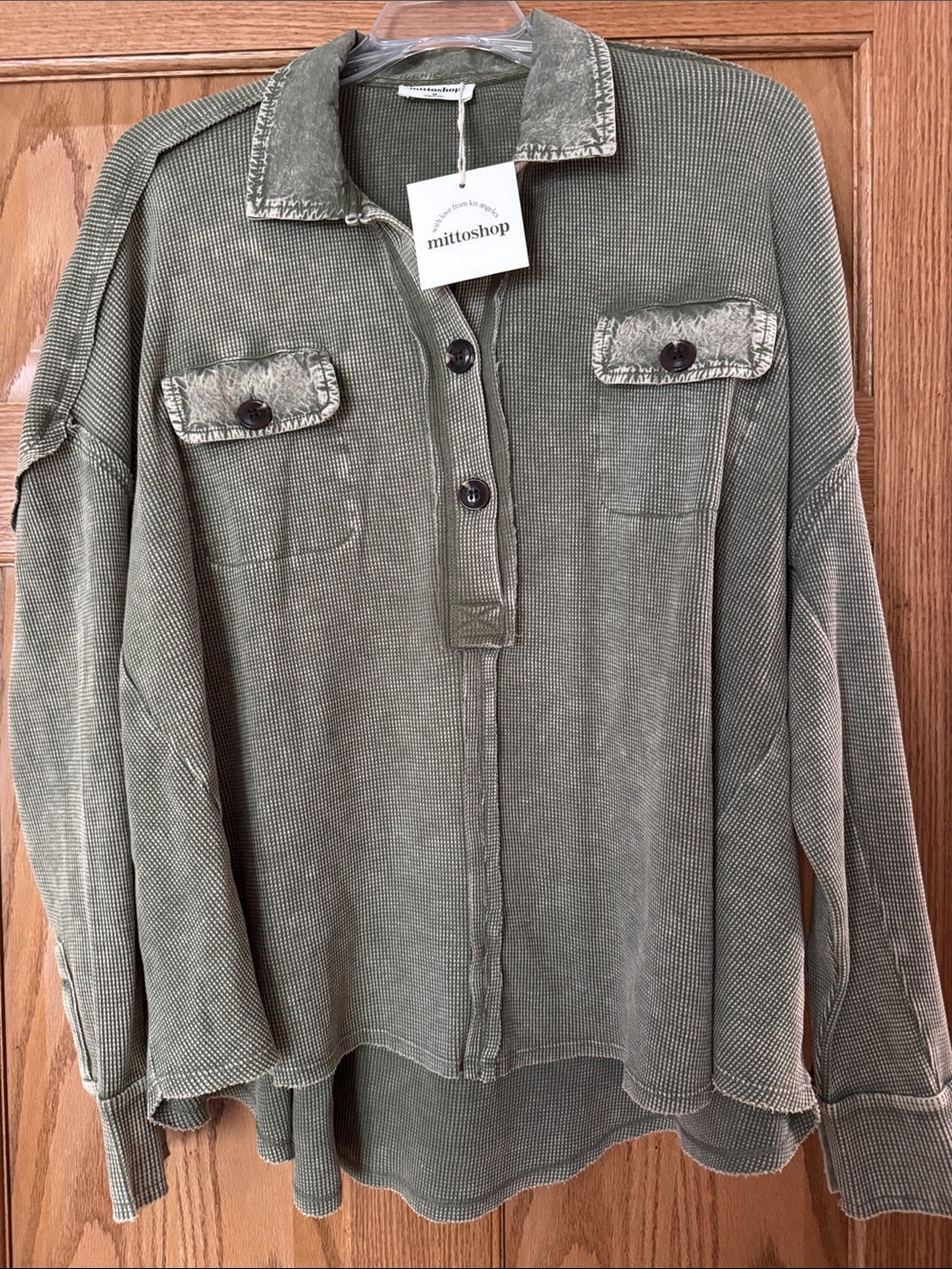 mittoshop Olive Green Waffle Knit Button Pullover Shirt New